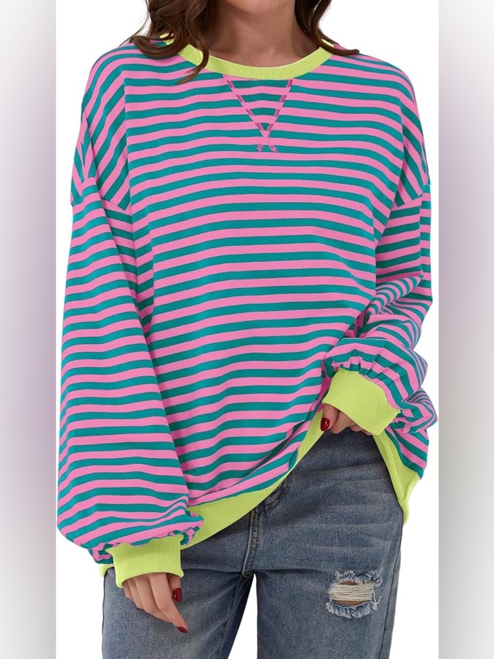 Pink & Blue Striped Crewneck Sweatshirt with Lime Trim Never Worn